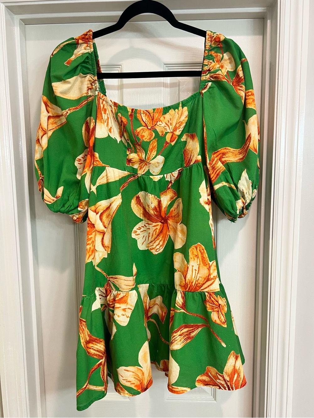 Green Floral Square Neck Puff Sleeve Smocked Cotton Linen Mini Dress S
